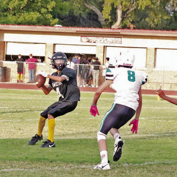 LONG BALL LILLY 8th-grader Brandon Lilly drops back and looks downfield while facing pressure. Photo by Jaxon Hansard
