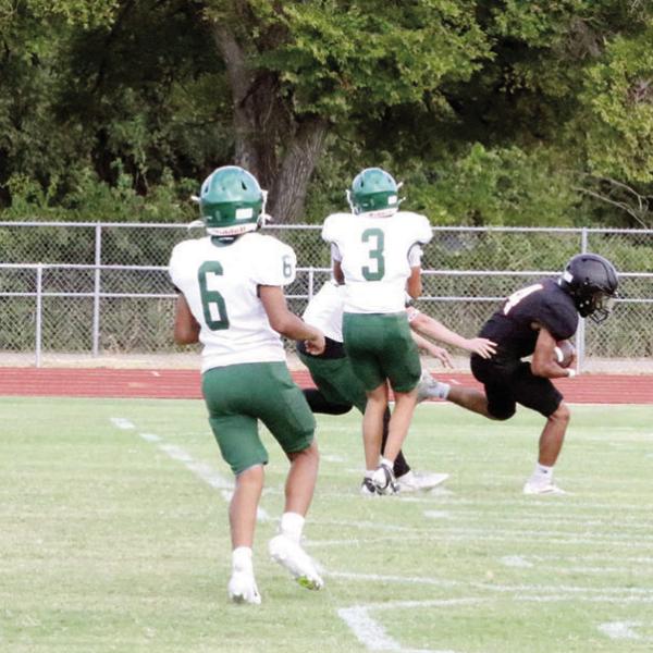OPEN OPPORTUNITY: Aaron Aleman brings in a touchdown on a down-the-middle pass from Cristian Flores for the Freshman team’s lone touchdown against Breckenridge on Thursday, September 3rd. Aleman and other younger Junior Varsity players are getting more opportunities to play on the freshman team that will have games against the normally scheduled opponents on a weekly basis. Photo by Jaxon Hansard