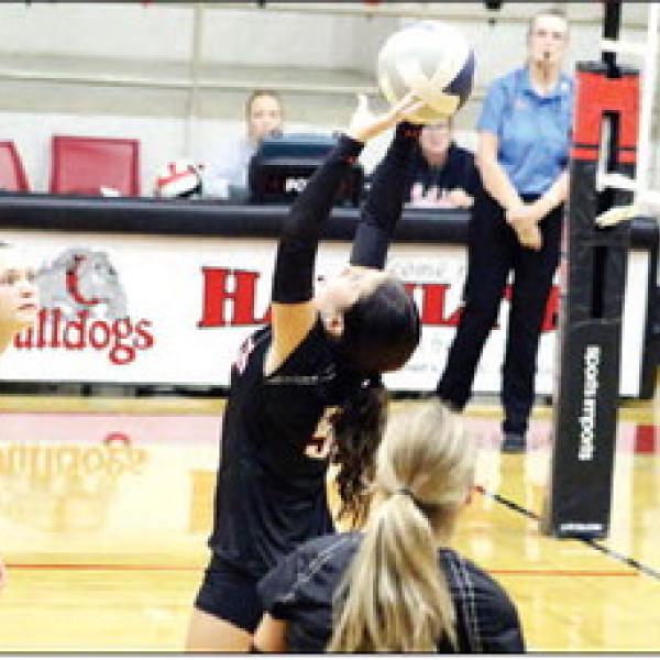 SUPER SETTER SCHROEDER: Junior Kinsey Schroeder slides in to set a pass for her striking Lady Bulldogs teammates to spike. Photos by Jaxon Hansard