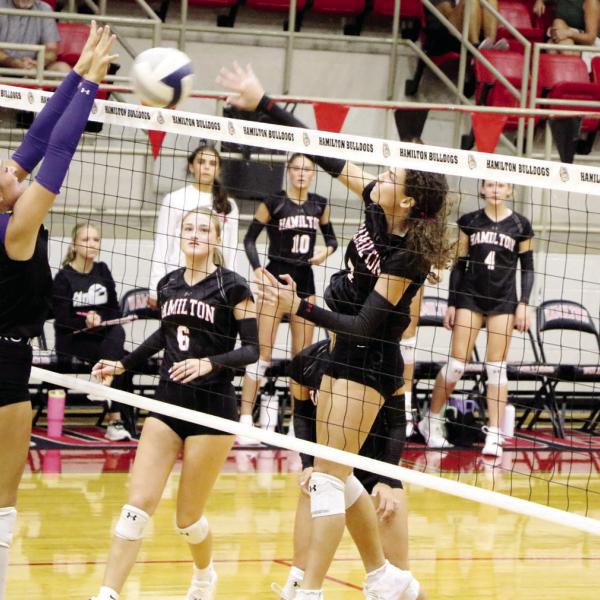 ENERGY EANES- Senior Alivia Eanes killing a shot over the net against Lipan. Eanes is emphatic with her play and is always the first player to celebrate with her teammates after a big play. Photo by Jaxon Hansard