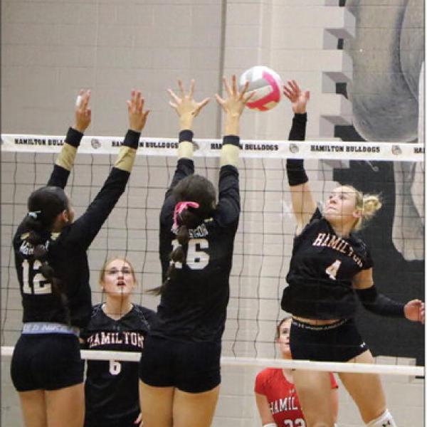 KEEP YOU ON YOUR TOES: Sophomore Tayte Haile is fast with her second jump to quickly put the ball back over the net while McGregor defenders aren’t ready. Photo by Jaxon Hansard