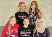 The 2026 Hamilton Homecoming court freshman duchess Carolina DeLaGarza (front left), sophomore duchess Maisyn Norton and junior duchess Jocelyn Elliott join senior queen nominees Emery McElroy (back left) and Chaise Boone. Not pictured is nominee Jovana Flores. The queen, selected by Hamilton High School students, will be announced at halftime during the Bulldogs’ Homecoming match against Dublin Oct. 9. Courtesy photo