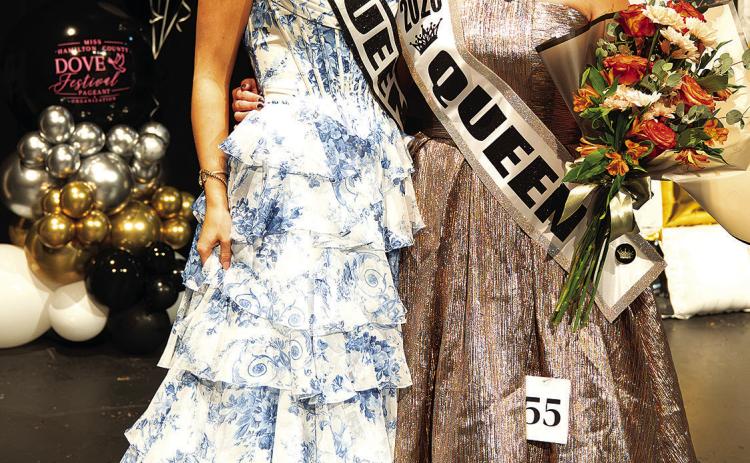 This year’s Miss Hamilton County Dove Festival Queen Alexa Vance (right) poses with her predecessor, Emery McElroy. Photo by Kelsey Sue Photography